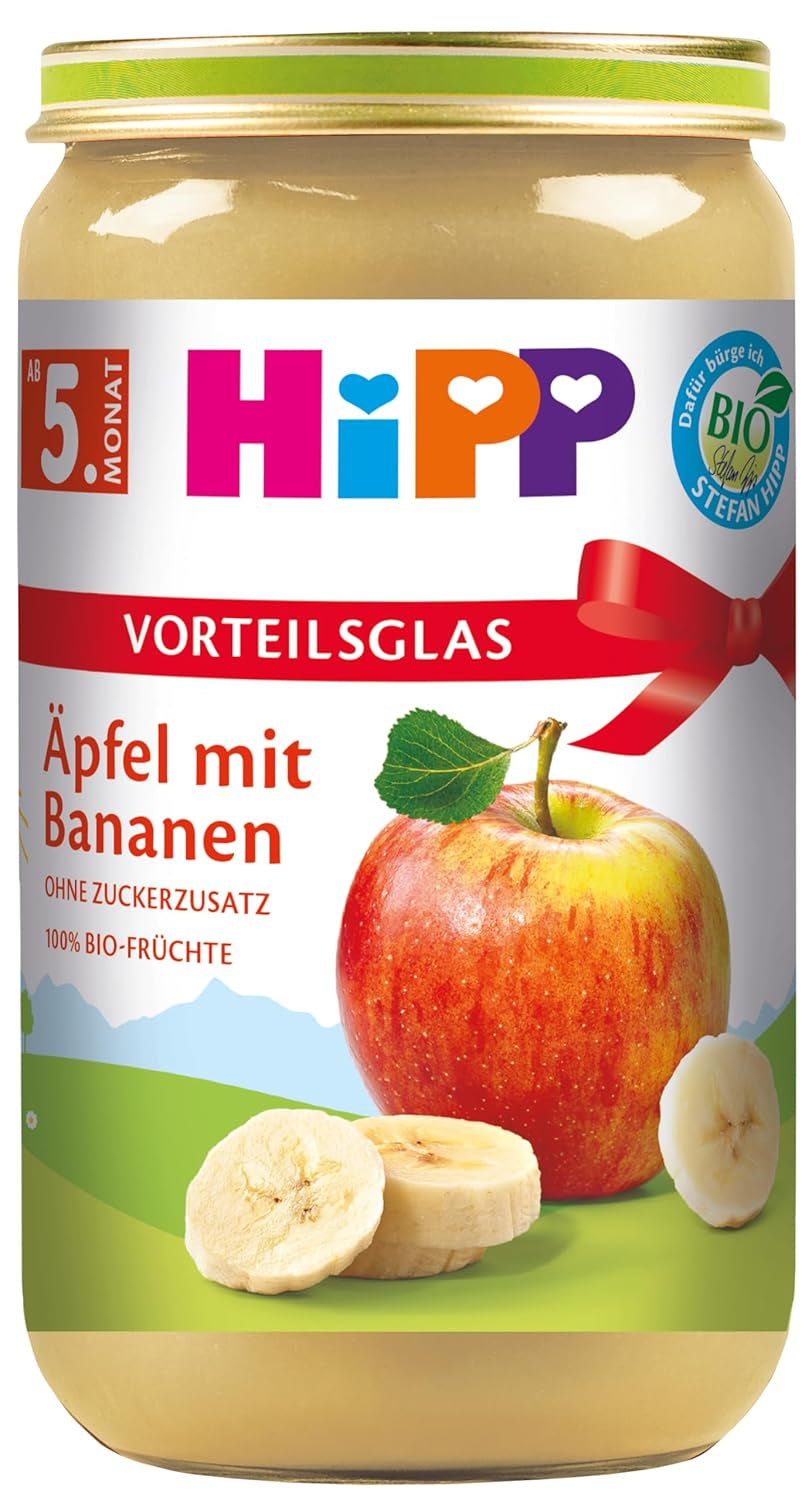Æbler med bananer og HiPP økologisk frugt (6 x 250g), fra 5 måneder, uden tilsat sukker, 100% frugt, bedste økologiske kvalitet