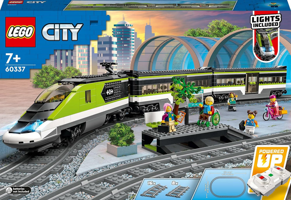 LEGO City passagerekspresstog, fjernbetjeningstogsæt, jernbanelegetøj med forlygter, 2 vogne og 24 sporelementer, gave til børn, drenge og piger 60337 byggesæt Besuche den LEGO-Store