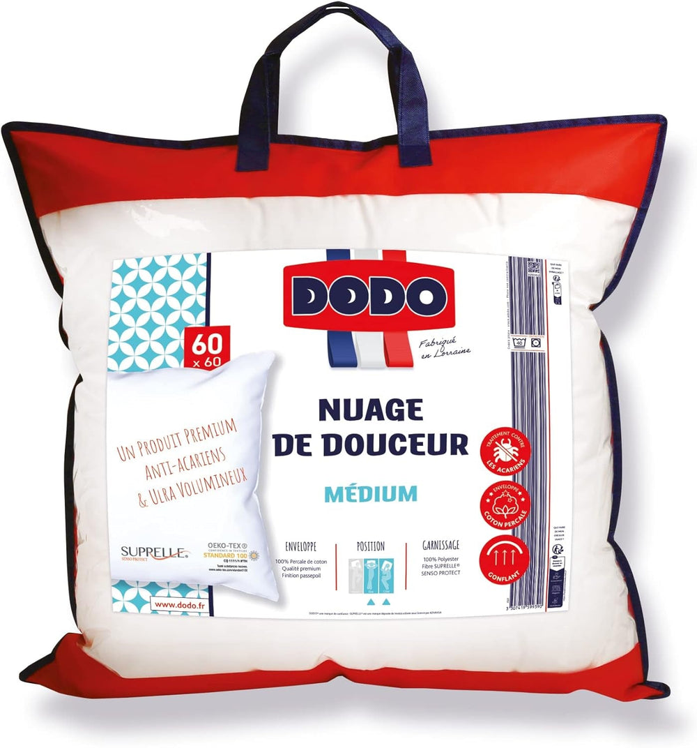 DODO Premium Pillow, 60 X 60 Cm, Medium Comfort, Perna Cloud De Douceur | Miteproof And Fluffy | Percale Cotton + Piping Lavabilă la mașină la 40 °C Perne standard Naty Shop