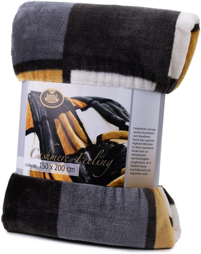 Gözze - Blødt og behageligt tæppe, kashmirfølelse, tung stofvægt 500 G/M², Antigua, 150 X 200 Cm - Sennep/sort/hvid Senge og tæpper Besuche den Gözze-Store