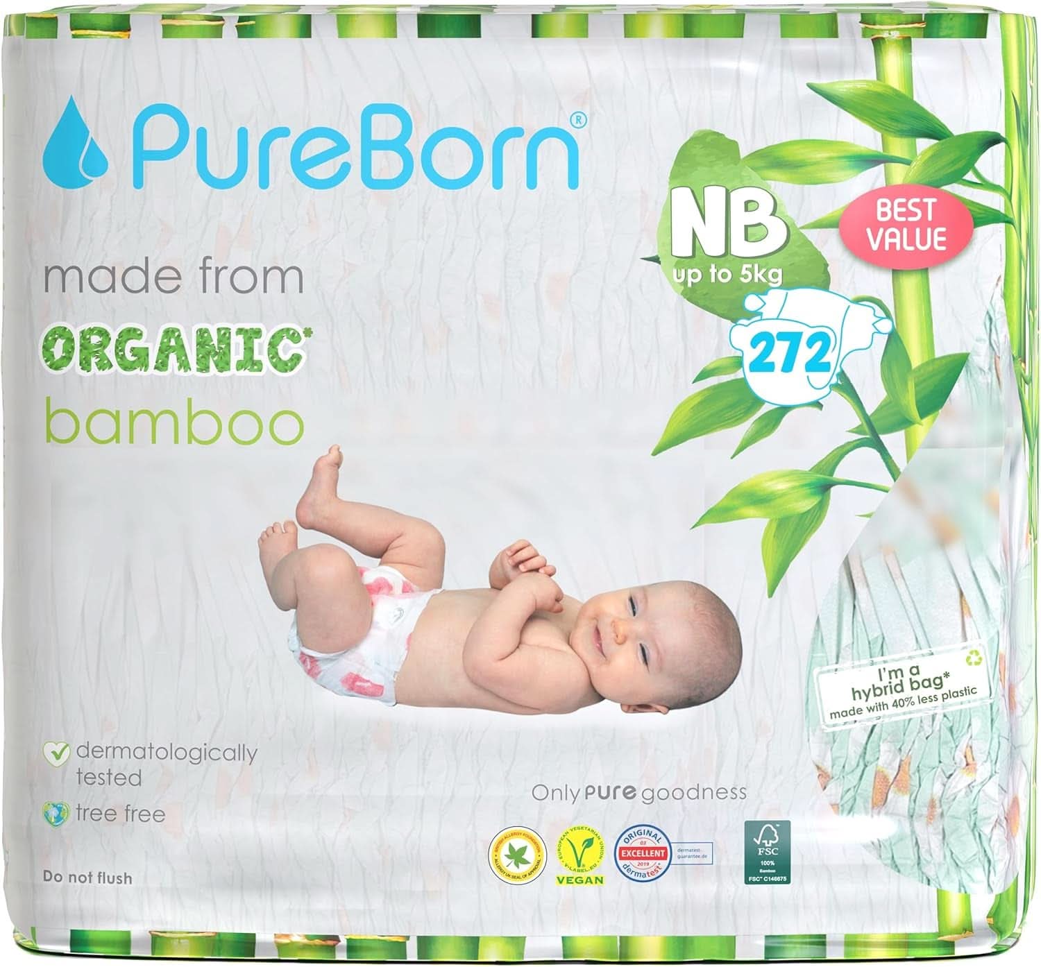 Pureborn Eco Organic Bambusbleer, Newborn-størrelse (op til 5 kg), miljøvenlige, allergivenlige, ultrabløde, vådhedsindikator, forskellige prints Mother and Baby Naty Shop Newborn (272 stk)