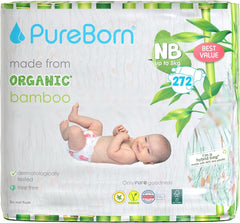 Pureborn Eco Organic Bambusbleer, Newborn-størrelse (op til 5 kg), miljøvenlige, allergivenlige, ultrabløde, vådhedsindikator, forskellige prints Mother and Baby Naty Shop Newborn (272 stk)