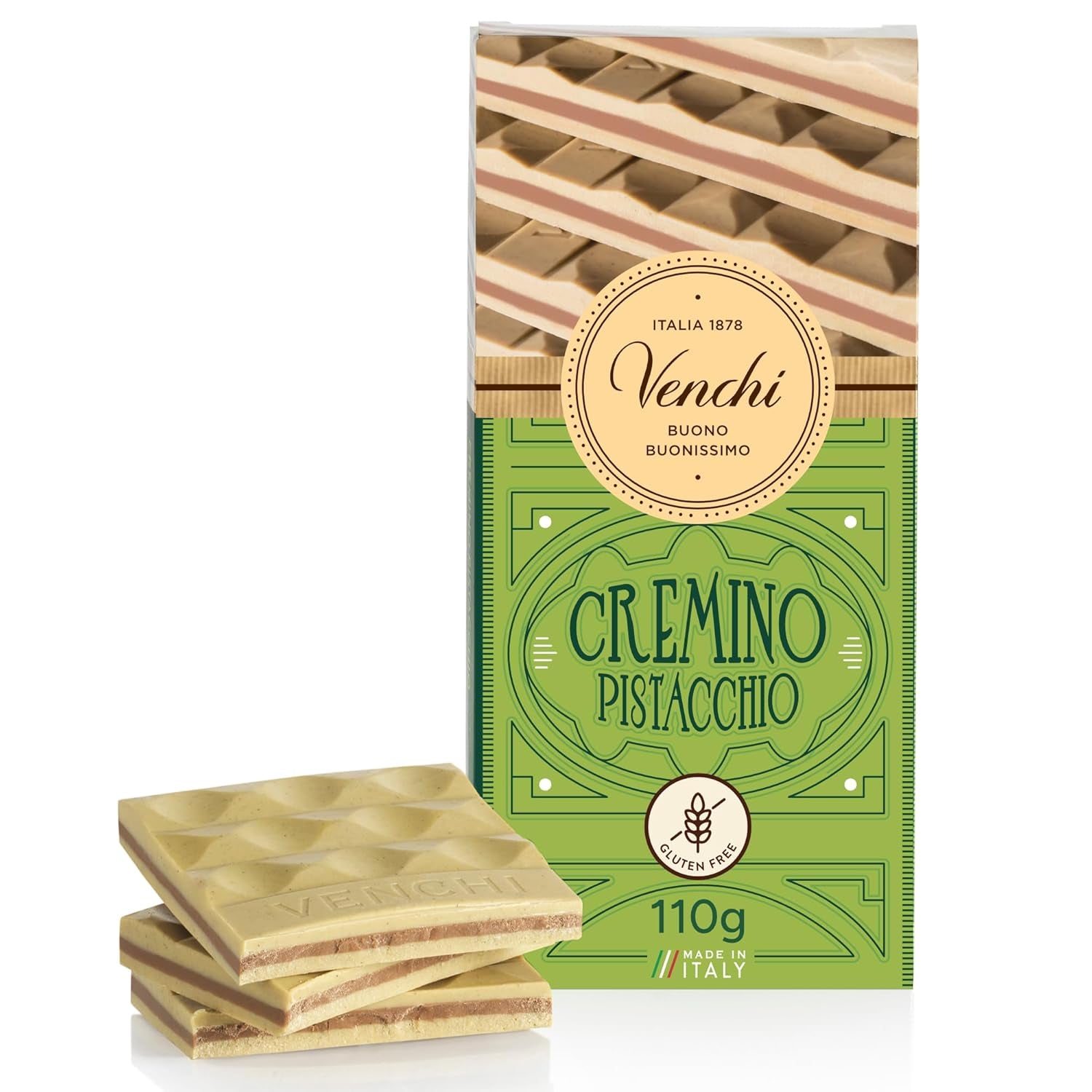 Venchi - Cremino Pistachio Bar, 110g, mælk og hvid chokoladebar med pistaciepasta, tre-lags opskrift med middelhavssmag, glutenfri, ingen kunstige farver