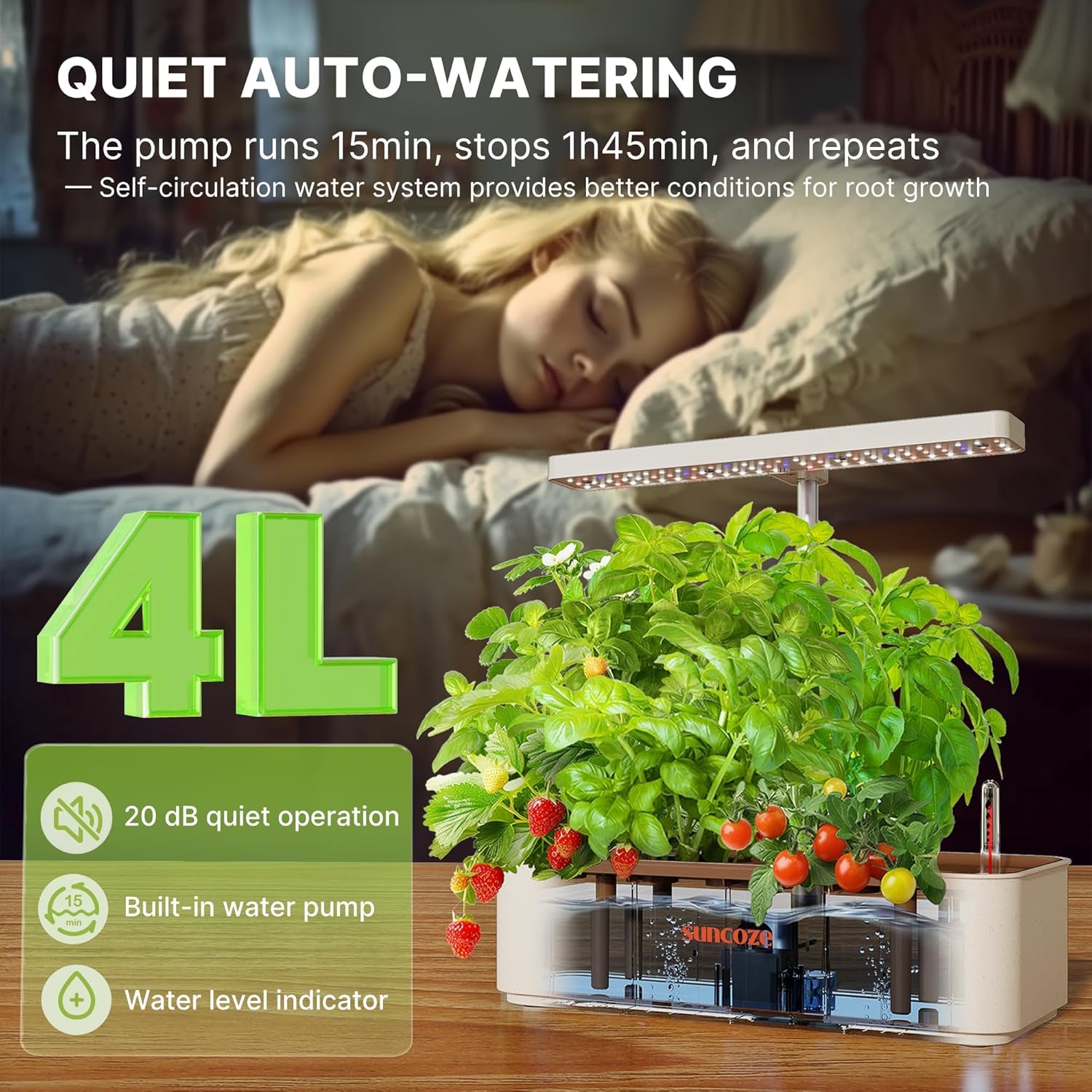 12 kapsler Hydroponic Grow System Kit, 24W LED indendørs havelampe, 4L vandtank med lydløs pumpe, højdejusterbar urteplanter, indendørs havearbejde, havegaver, beige