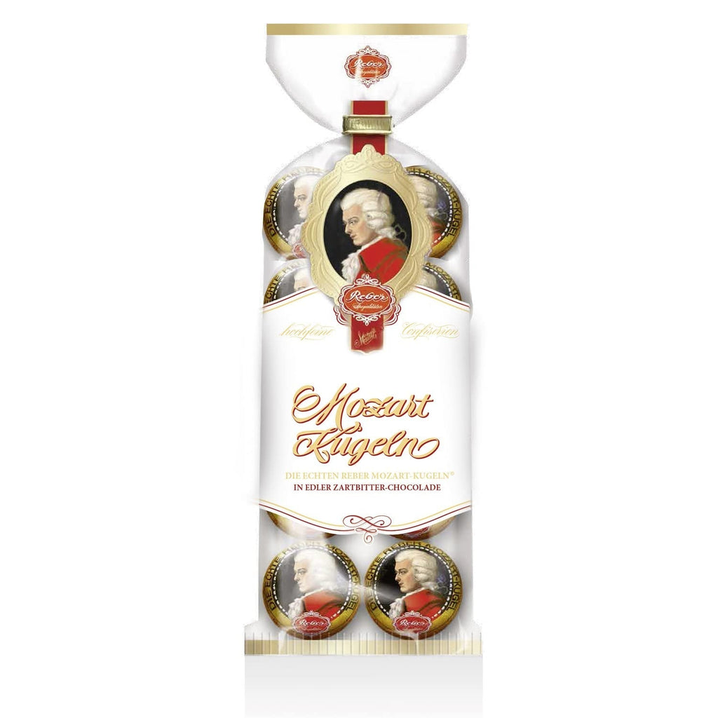 Reber, Mozart - bile, pungă de 5, bile Mozart din ciocolată neagră, umplute cu marțipan, 100 grame Bomboane de Ciocolata Naty Shop 8 bucăți