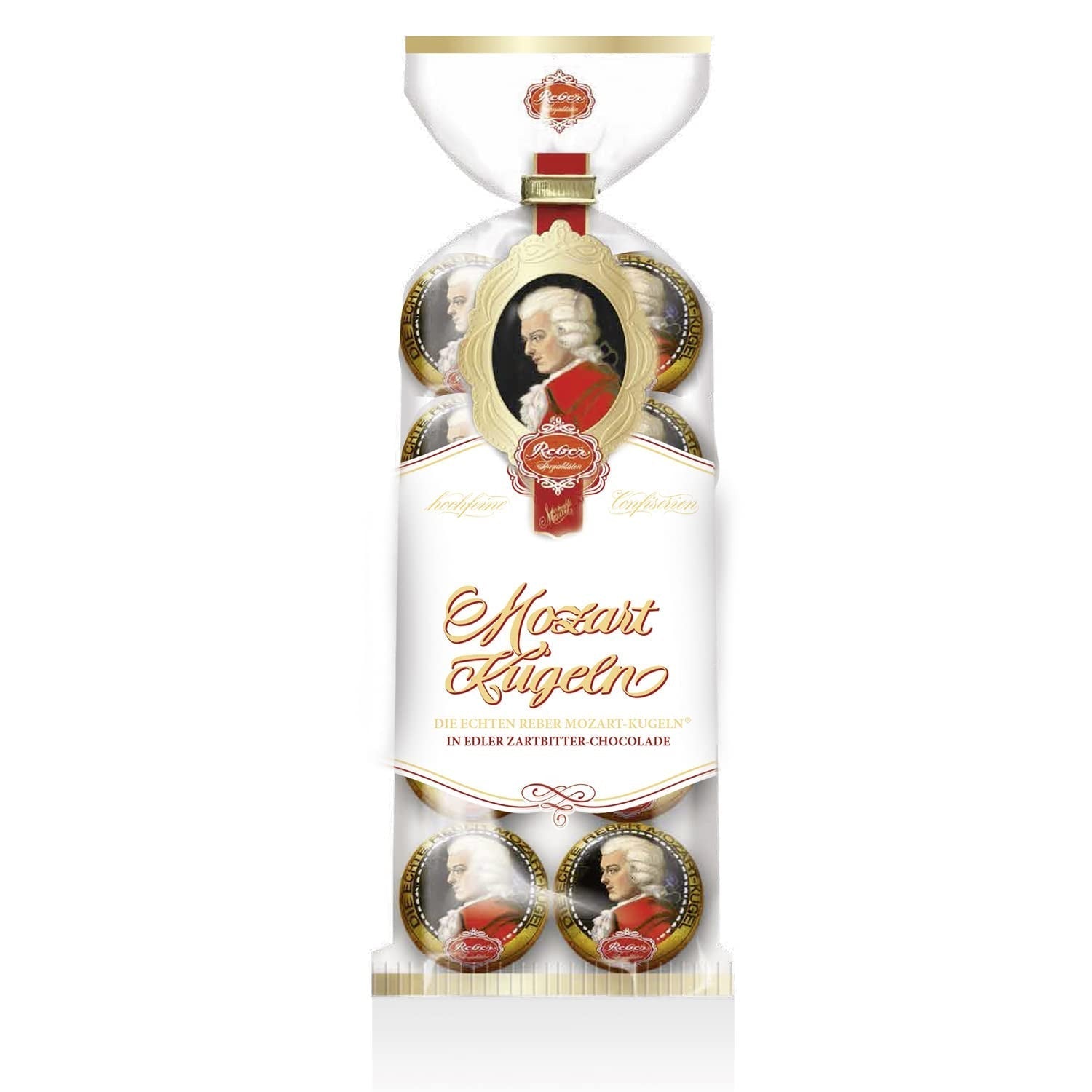 Reber, Mozart - bile, pungă de 5, bile Mozart din ciocolată neagră, umplute cu marțipan, 100 grame Bomboane de Ciocolata Naty Shop 8 bucăți