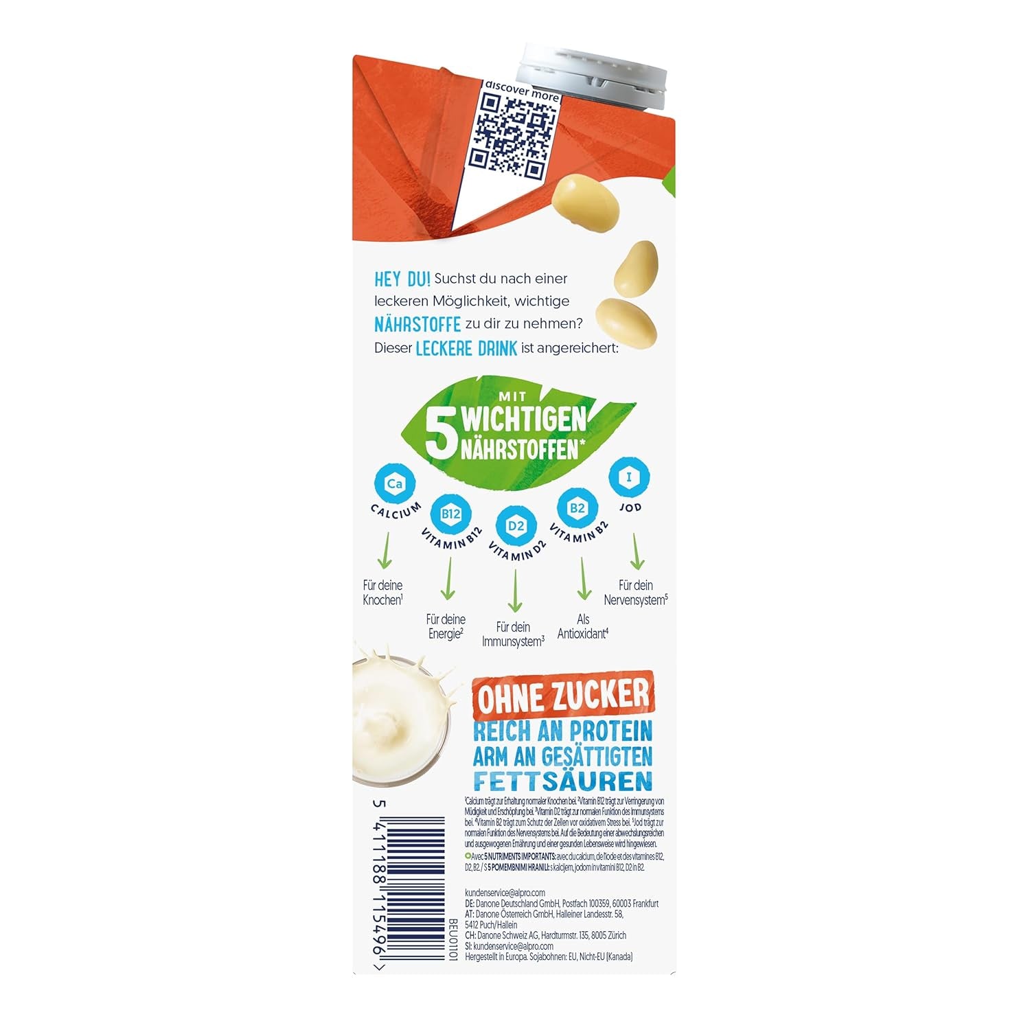 Alpro Sojadrink – Vegan und Milchfrei – Von Natur aus laktosefrei und fettarm – Rich and pflanzlichen Proteinen, inhalt Calcium and Vitamine – 8 x 1 L – Haltbar