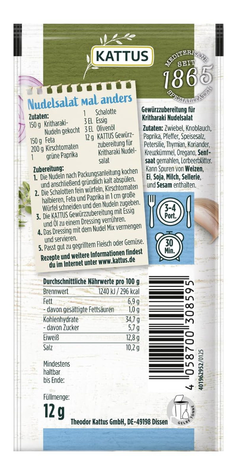 - Kritharaki-Nudelsalat Gewürzzubereitung | Krydderi til 3-4 portioner | Ohne Zusatz von Fefeextrakt, Aroma og Zusatzstoffer | 12 g i pose