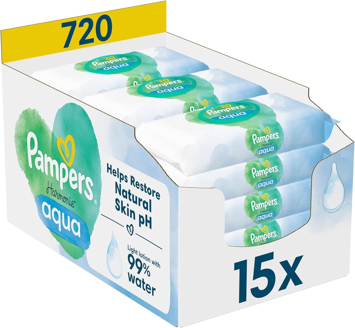 Pampers Harmonie Aqua vådservietter, vådservietter, der hjælper med at genoprette hudens naturlige pH-værdi, let lotion med 99% vand Baby Wet Wipes Naty Shop 720 servietter
