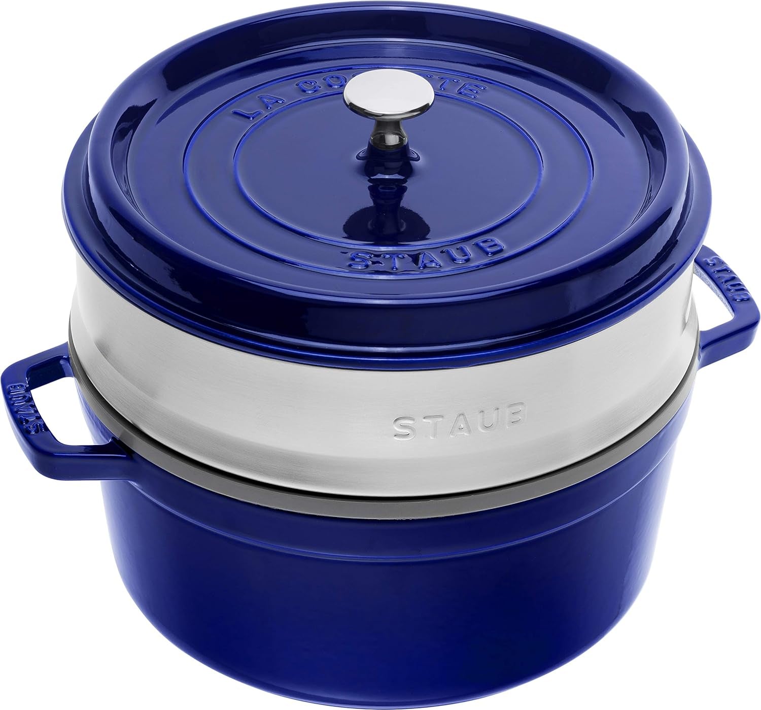 STAUB Gusseisen Bräter/Cocotte, Mit Dämpfeinsatz Aus Edelstahl, Rund 26 Cm, 5,2 L, Aromaregen Funktion Für Optimale Befeuchtung, Für Alle Herdarten Inkl. Induktion & Backofen, Kirschrot, Rot Forme og bageplader Naty Shop Dunkelblau