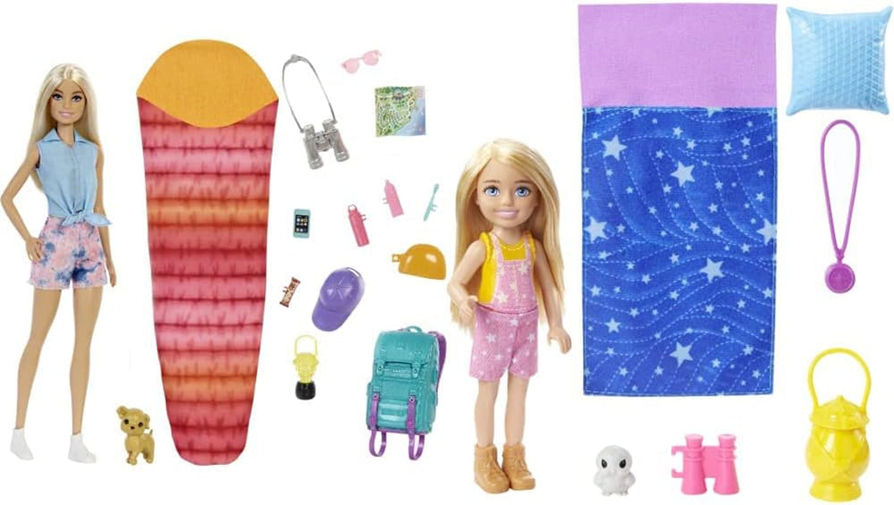 Barbie Camping Series, păpușă 1X cu păr blond, rucsac de drumeție, echipament de exterior, binoclu, hartă, cățel, accesorii, cadou pentru copii, jucărie de la 3 ani,Hdf73 Papusi Naty Shop Împreună cu Barbie într-un pachet dublu! Camping Malibu