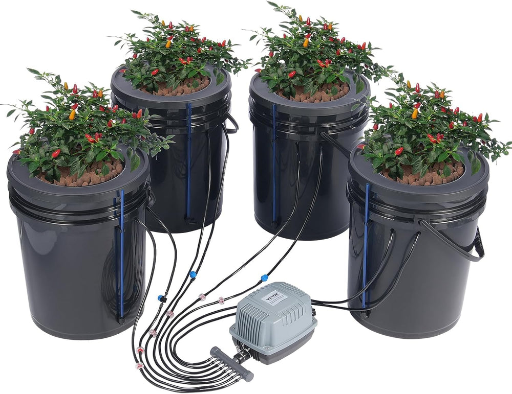 VEVOR DWC Hydroponic Grow System Dryp Pot Kit Hydroponic Grow Systems Dybvandsdyrkning 4 20L spande med luftpumpe Luftsten og vandstandsindikator til grønne bladgrøntsager