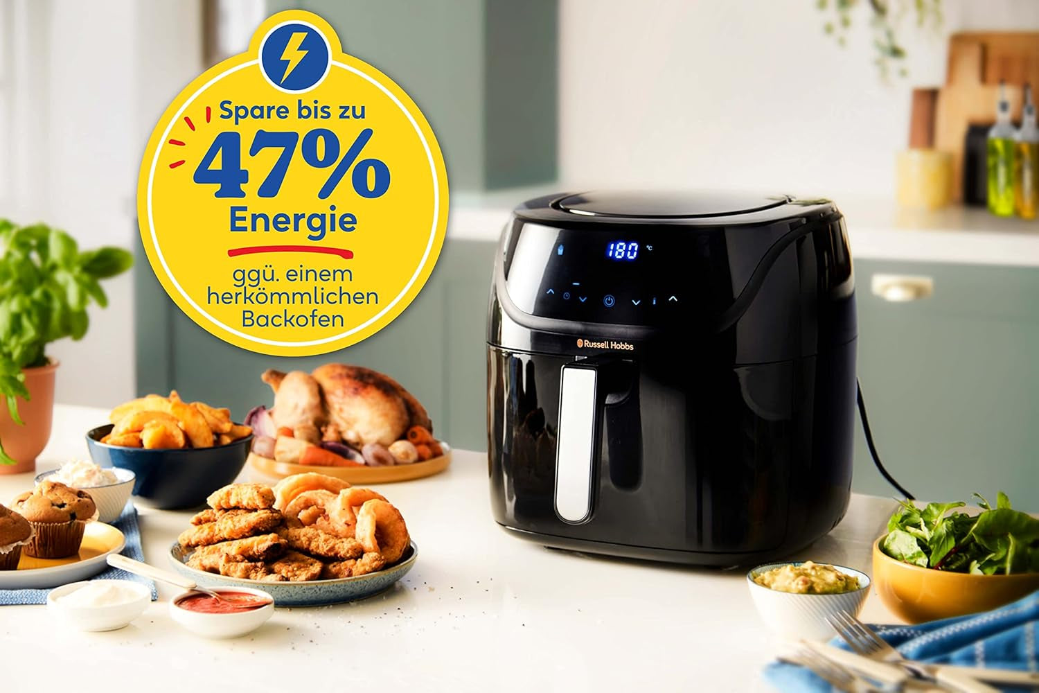 Russell Hobbs Heißluftfritteuse XXL 8L Rapid Airfryer [Kompaktes Gehäuse,7 Kochfunktionen,10 Program] Satisfry (Spülmaschinenfest, Max 220°C, Fritteuse Ohne Oel, Grillen, Backen, Braten) 27170-56 Naty Shop