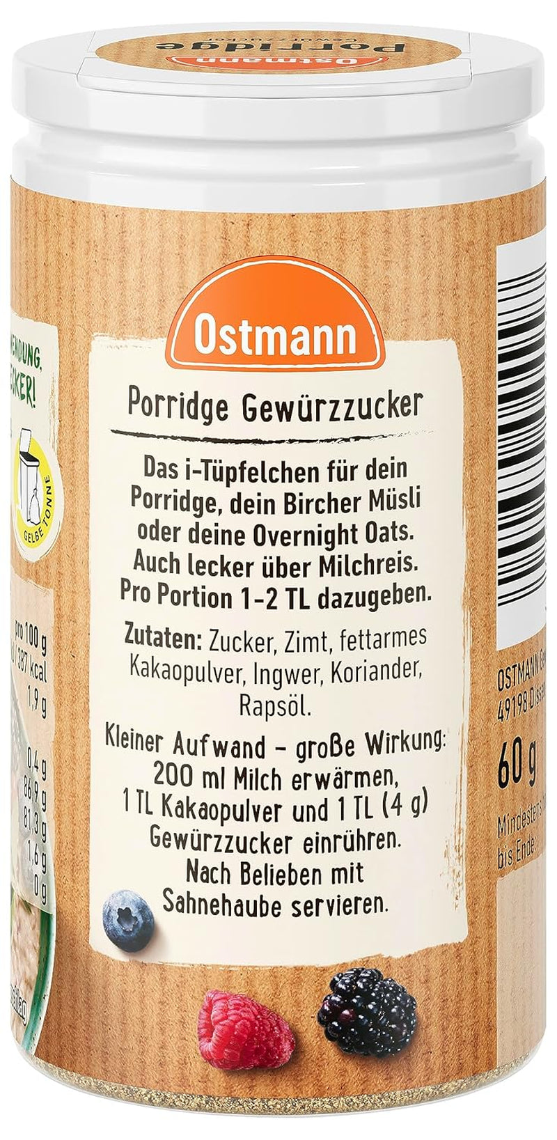Ostmann Krydderier - Krydret grødsukker, kanel og kakao-aromablanding, til krydring af havregryn, risengrød og andre søde specialiteter, vegansk, 60 g (pakkedesign kan variere)