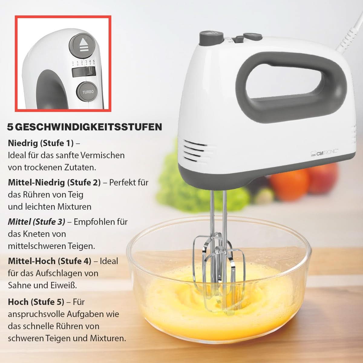 Clatronic mixer | Kraftvoller 400 Watt-motor | Håndmixer | Turbostufe & 5 Geschwindigkeitsstufen | Håndmixer | Spülmaschinengeeignete Edelstahlquirle Und -Knethaken | HM 3775 Køkken Naty Shop