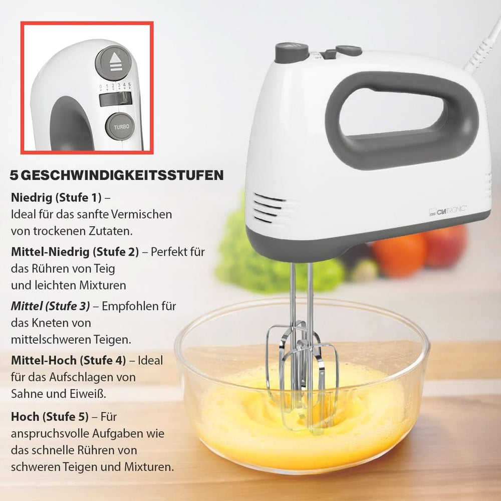 Clatronic mixer | Kraftvoller 400 Watt-motor | Håndmixer | Turbostufe & 5 Geschwindigkeitsstufen | Håndmixer | Spülmaschinengeeignete Edelstahlquirle Und -Knethaken | HM 3775 Køkken Naty Shop
