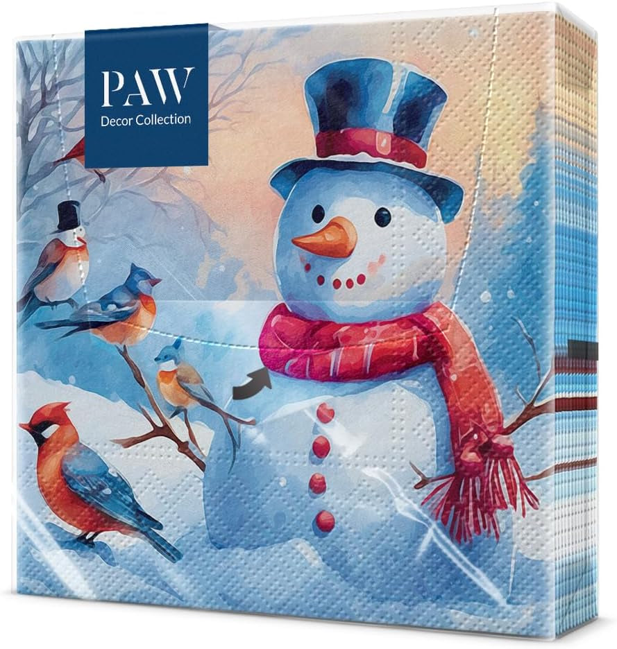 PAW - Șervețele 3 straturi (33 X 33 Cm) I 20 bucăți I Șervețele de hârtie colorate perfecte pentru masa de Crăciun I Șervețele - Crăciun, iarnă, stele, zăpadă, oameni de zăpadă I Familia Snowy