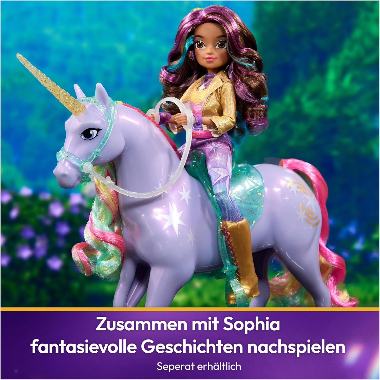 Unicornul Wildstar de la Unicorn Academy - 28 cm înălțime, unicorn original de Sophia din serialul Netflix, cu coamă și coadă reale, frâu și șa detașabile și perie, pentru copii cu vârsta de 4 ani și peste