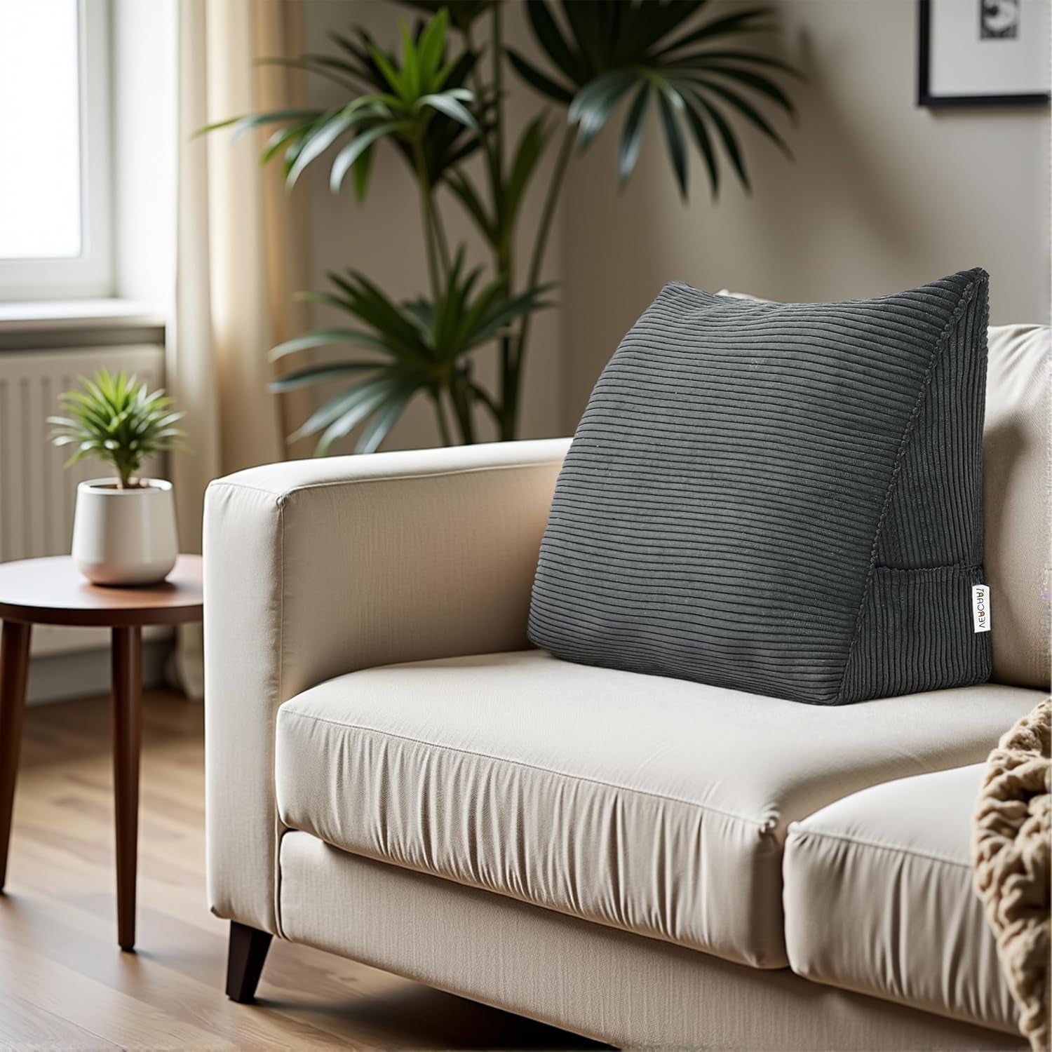 Pernă Johnear cu pană, pernă de citit pentru pat și canapea, pernă pentru spătar, pernă pentru tăblie, pernă lombară triunghiulară mare (gri, 45 cm)