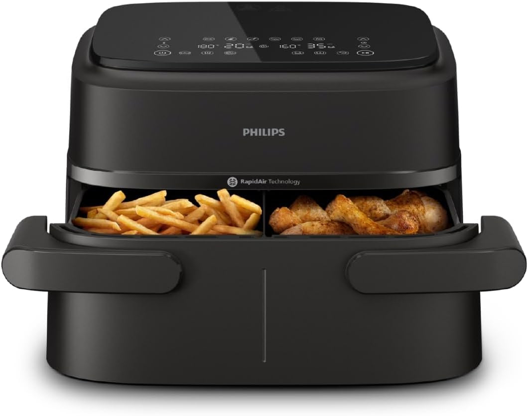 Philips Airfryer Dual Basket 3000 Series, 9L, 2 kurve, 2 tallerkener klar på samme tid, Rapidair plus varmluftsteknologi Hvidevarer Naty Shop Flex Basket 7,1L