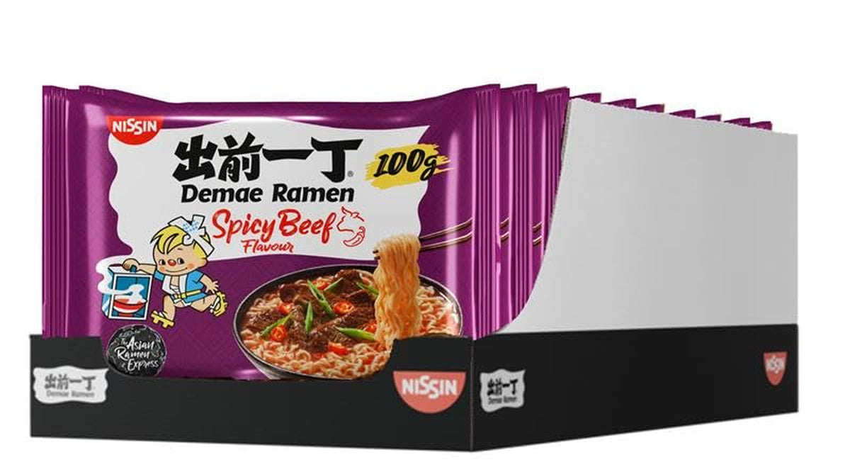 Nissin Demae Ramen - Krydret oksekød 10-pak japansk stil instant nudler med oksesmag og asiatiske krydderier Hurtig og nem at tilberede asiatisk mad (10 x 100 g)