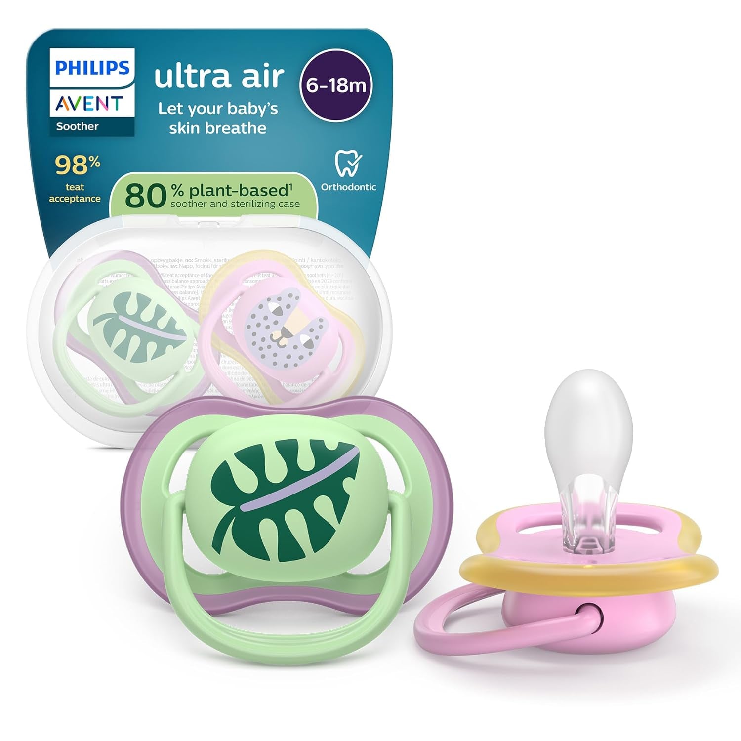 Suzete Philips AVENT ultra air - pachet de 4 suzete fără BPA, respirabile, pentru bebeluși 6-18 luni, inclusiv cutie de transport și sterilizare, model broască țestoasă/balenă (model SCF085/66)