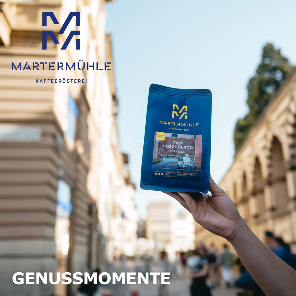 Boabe de espresso Martermühle Cioccolato 500g Tare | Arabica/Robusta | Arome: Nuci de macadamia, ciocolată cu lapte | Boabe de espresso întregi prăjite ușor, aciditate scăzută