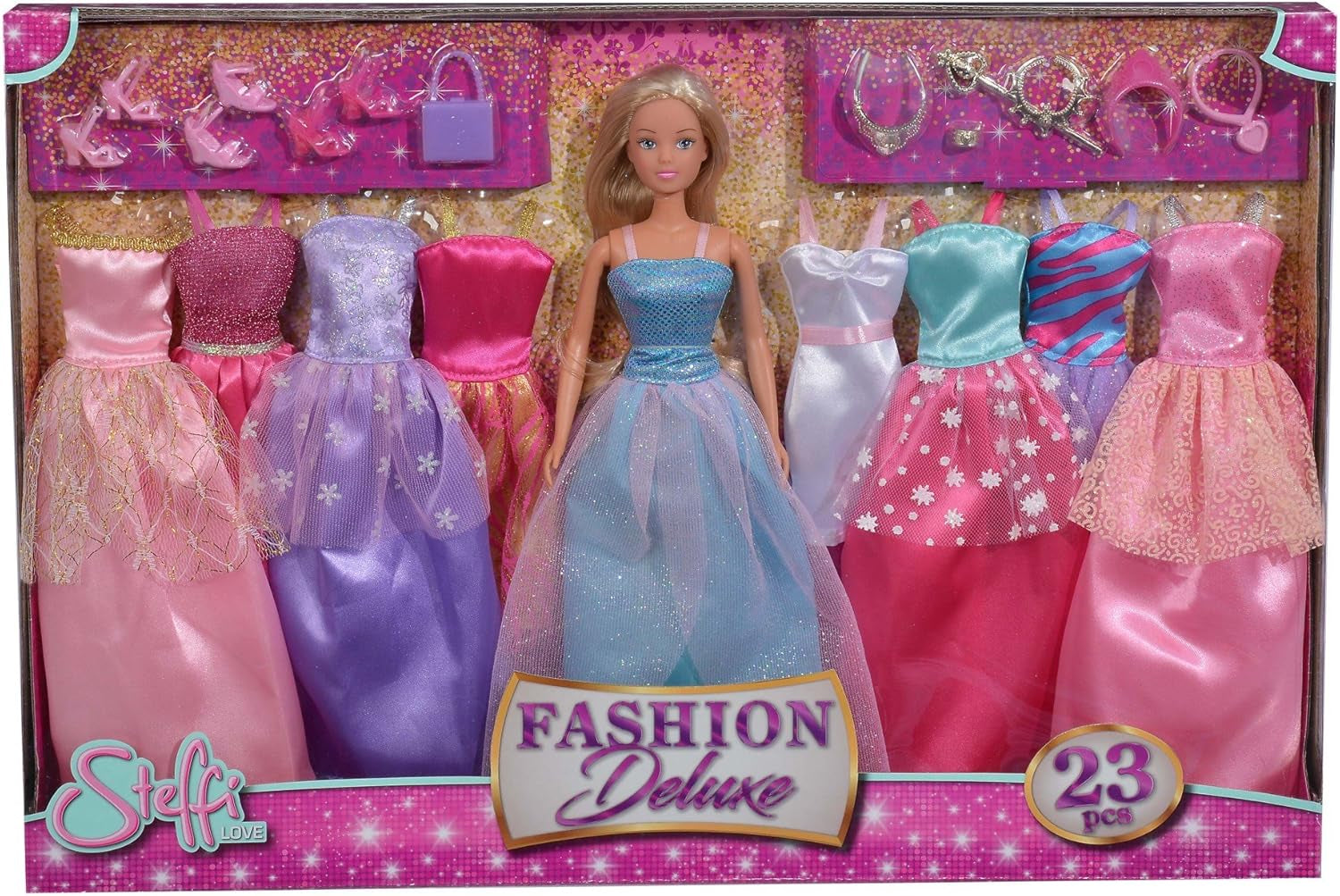 Simba 105733092 - Steffi Love Fashion Deluxe, păpușă în rochie de seară, cu opt rochii suplimentare și accesorii asortate, 23 de piese, 29 cm, vârste 3+