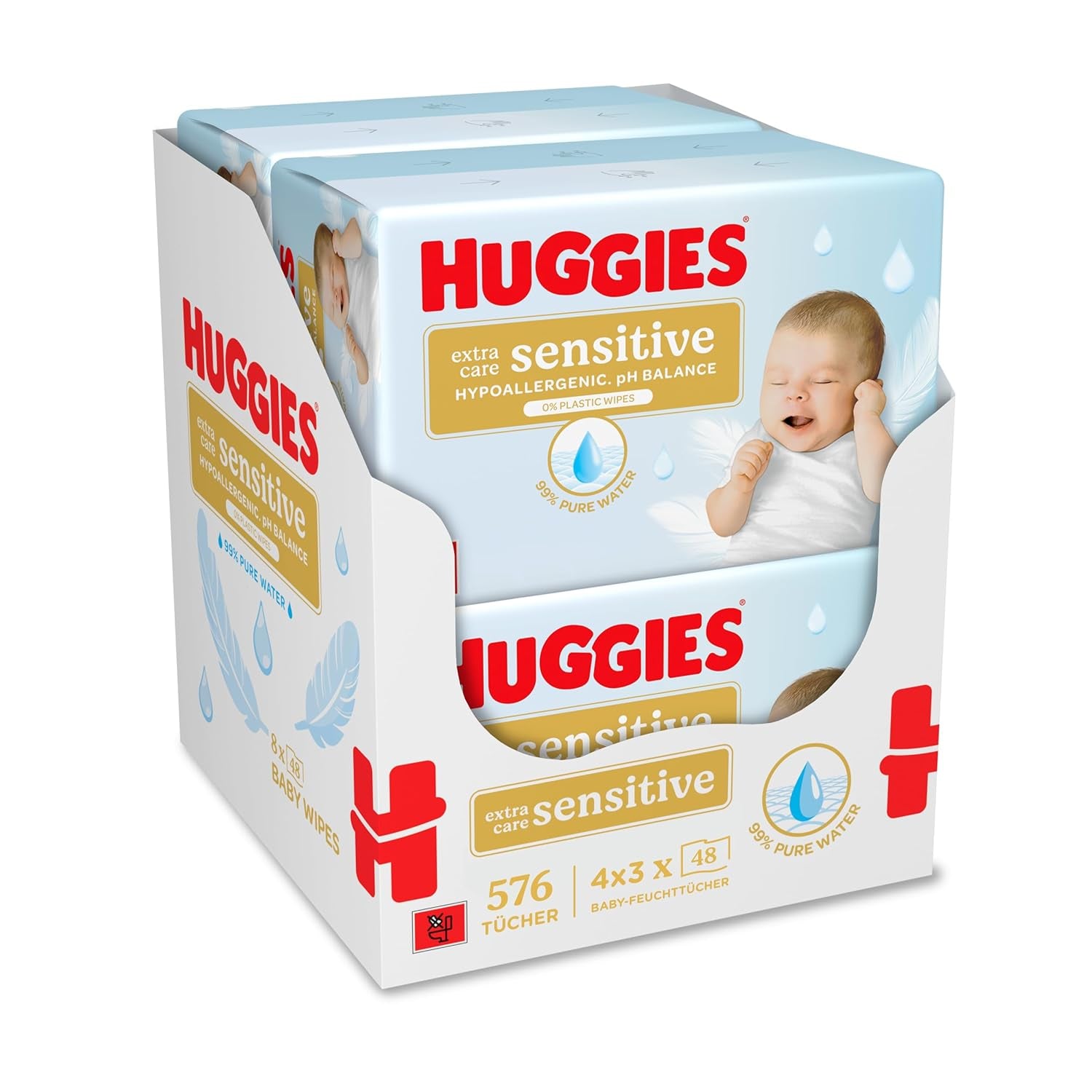 Huggies Pure Extra Care Sensitive Babyservietter, 99 % vand, plastikfri, parfumefri