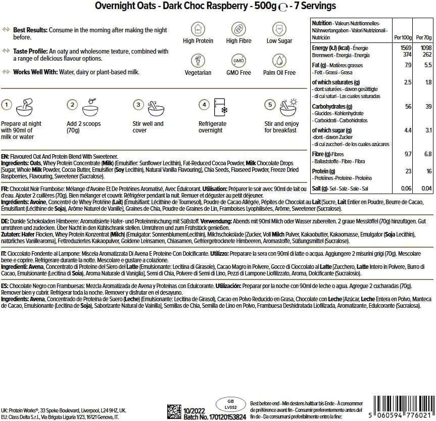 Overnight havregrød med protein | Mørk chokolade og hindbær | Højprotein morgenmad | Snack med lavt sukkerindhold | Havregryn med lavt GI | 500 g
