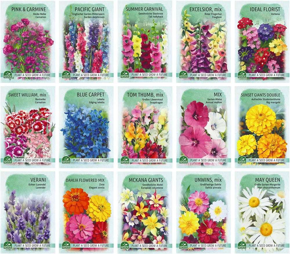 Nojus blomsterfrøsæt - 15 pakker med blomsterfrø - Haveblomsterfrø - Farverige plantefrø - Vilde blomsterfrø - 15 sorter af blomsterfrø - Ideel blomsterfrøgave