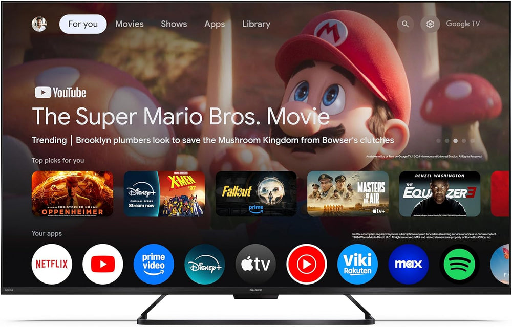 SHARP 50HR7365E – Google TV, 50" UHD, fără ramă, 144 Hz, QLED, HDR10, Dolby Vision HDR, Asistent Google cu microfon, Chromecast, Bluetooth, Dolby Atmos 2x12 W, HDMI 2.1 x4, USB x2, Culoare Negru