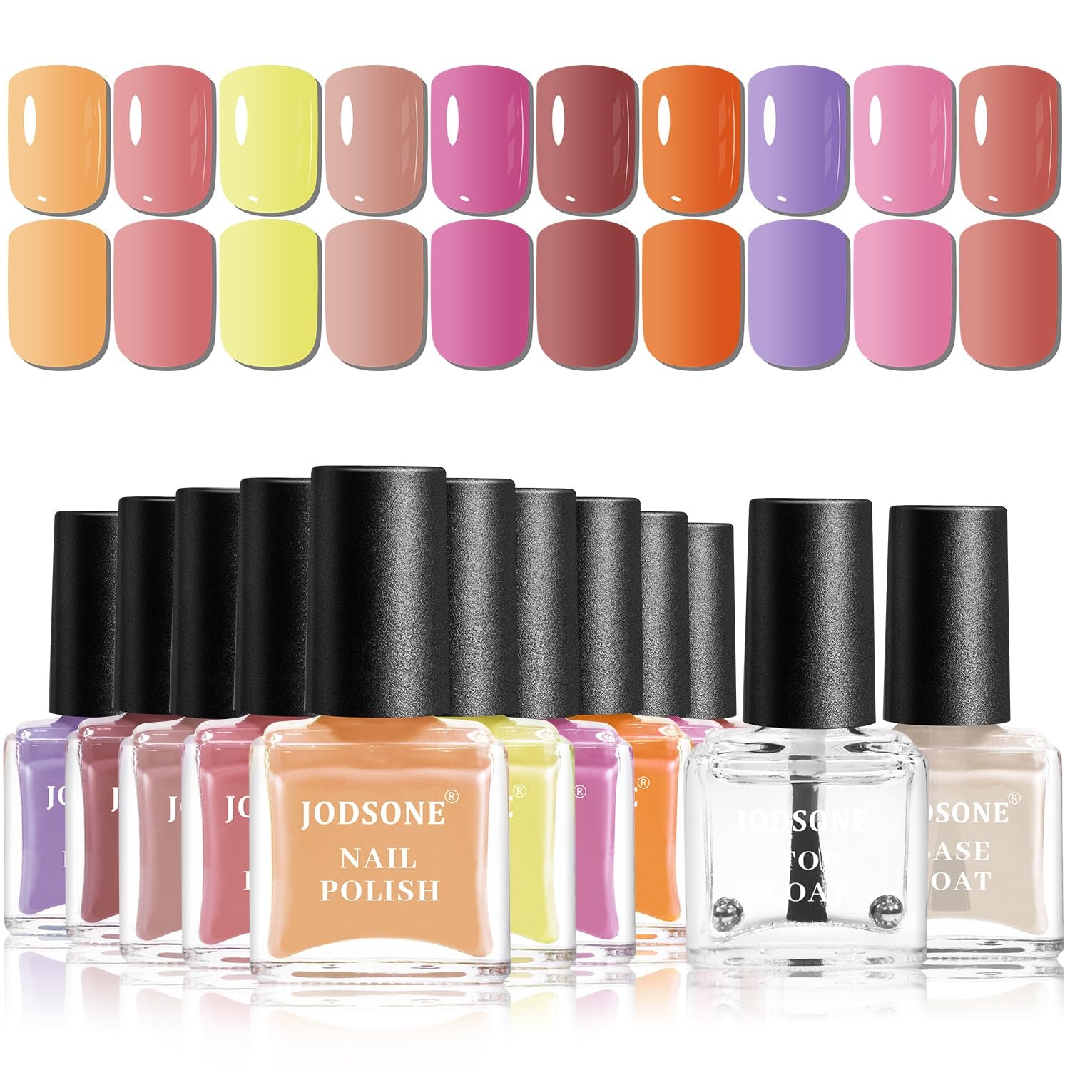 JODSONE 12 dele neglelak sæt 10 farver kombination 2 base coat og top coat hurtigtørrende neglelak til amatører og begyndere