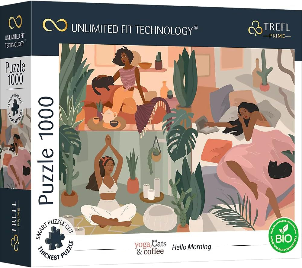 Trefl 26196 1500 elemente, carton cel mai gros, organic, ECO, Italia, apus de soare, divertisment pentru adulți și copii de la 12 ani, Uft-Puzzle Romantic Sunset: Vernazza, Liguria, Italia Puzzle Naty Shop Puzzle Yoga, Cafea pentru pisici: Bună dimineața 1000