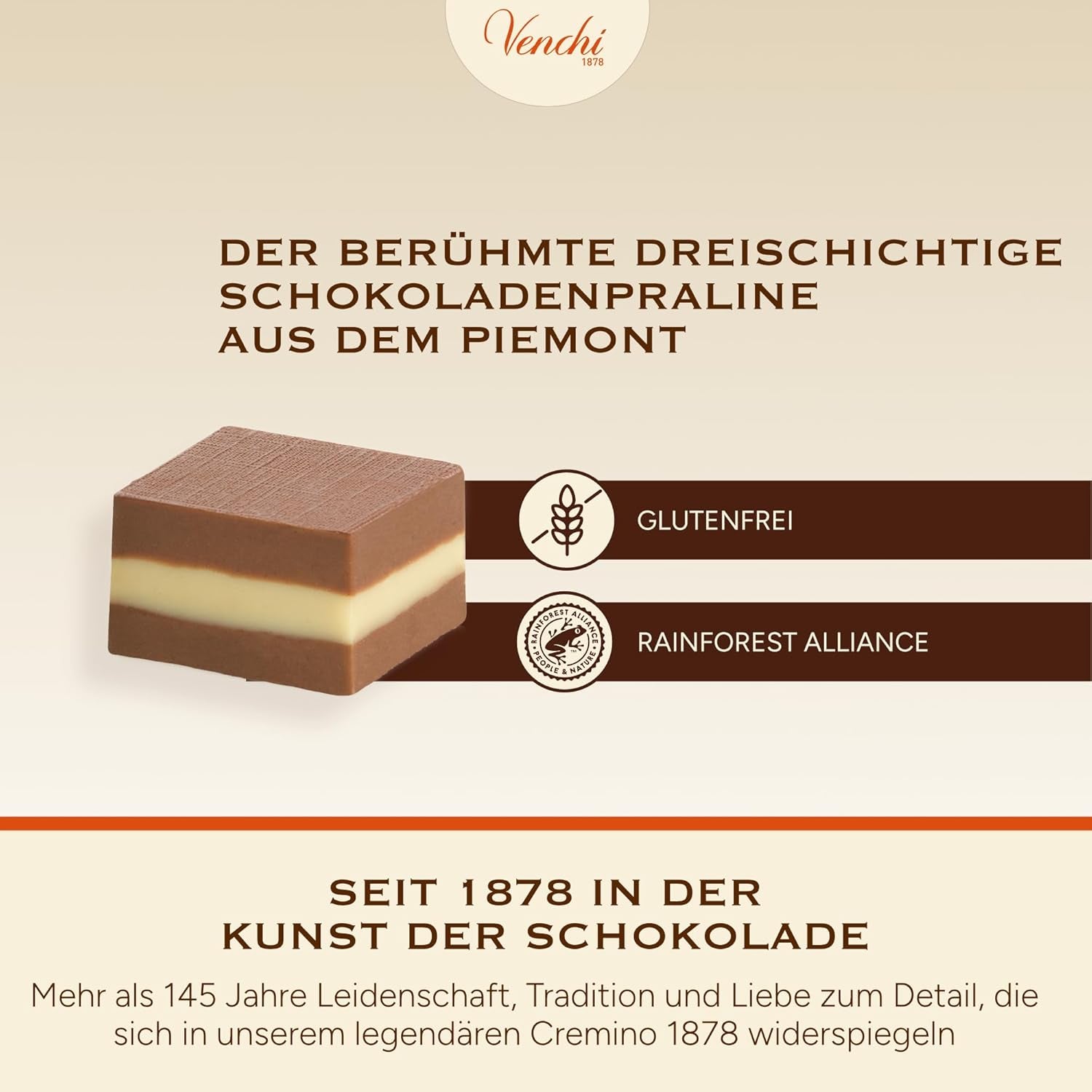 Venchi - Cremini 1878 - Tre-lags chokolade med gianduja med mælk og mandelmasse, "Piemontese Hasselnuts BGB", 1 kg, glutenfri, uden farvestoffer og uden konserveringsmidler