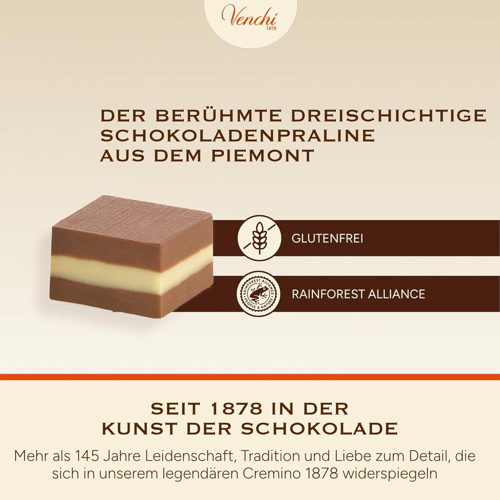 Venchi - Cremini 1878 - Tre-lags chokolade med gianduja med mælk og mandelmasse, "Piemontese Hasselnuts BGB", 1 kg, glutenfri, uden farvestoffer og uden konserveringsmidler