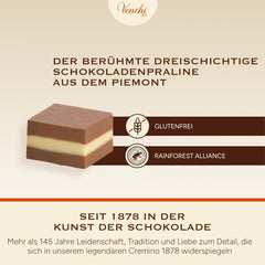 Venchi - Cremini 1878 - Tre-lags chokolade med gianduja med mælk og mandelmasse, "Piemontese Hasselnuts BGB", 1 kg, glutenfri, uden farvestoffer og uden konserveringsmidler