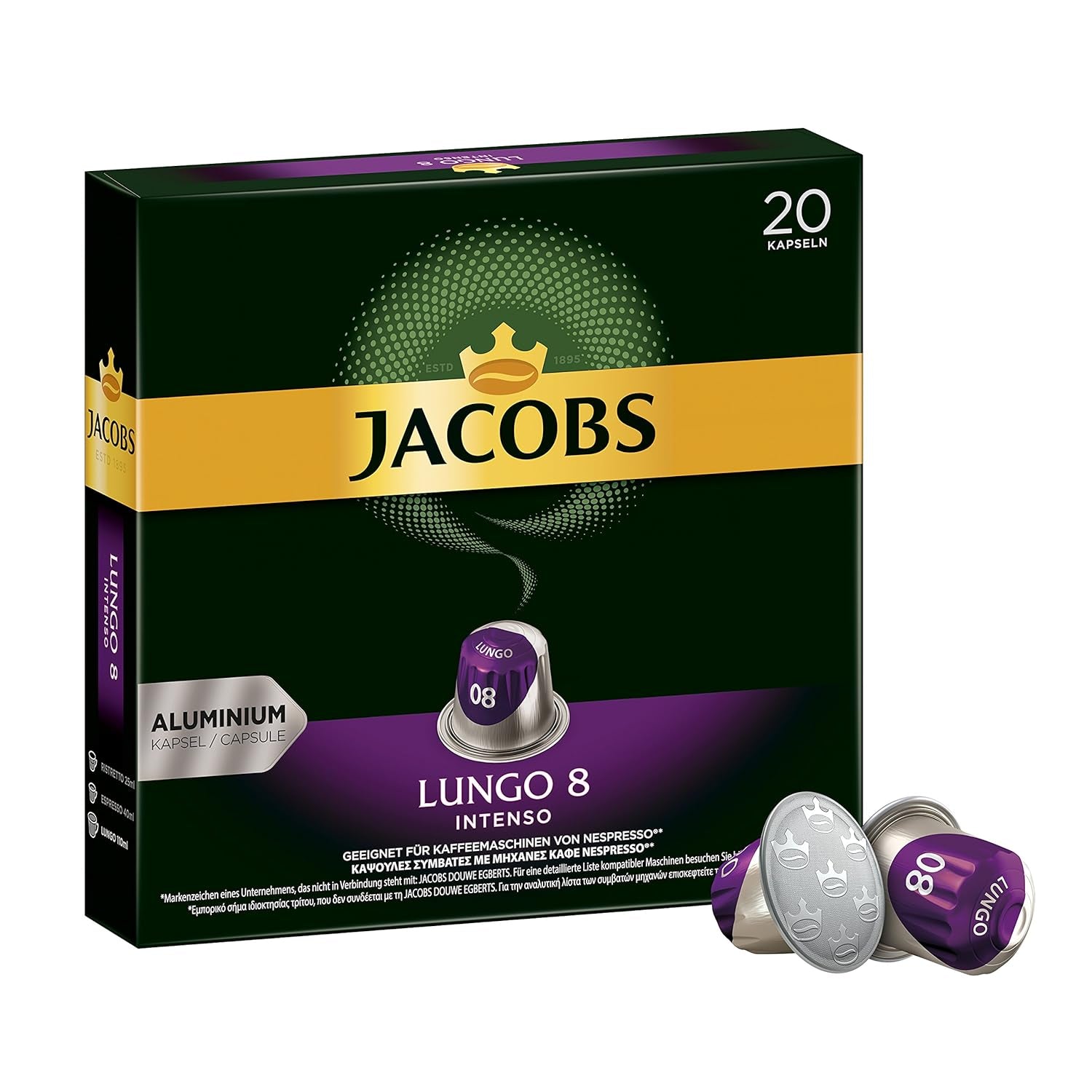 Kaffeekapseln Lungo Intenso, Intensität 8 von 12, 10 x 20 Getränke & Kaffeekapseln Krönung Crema, 200 Nespresso kompatible Kapseln, 10er Pack, 10 x 20 Getränke, 1040 g