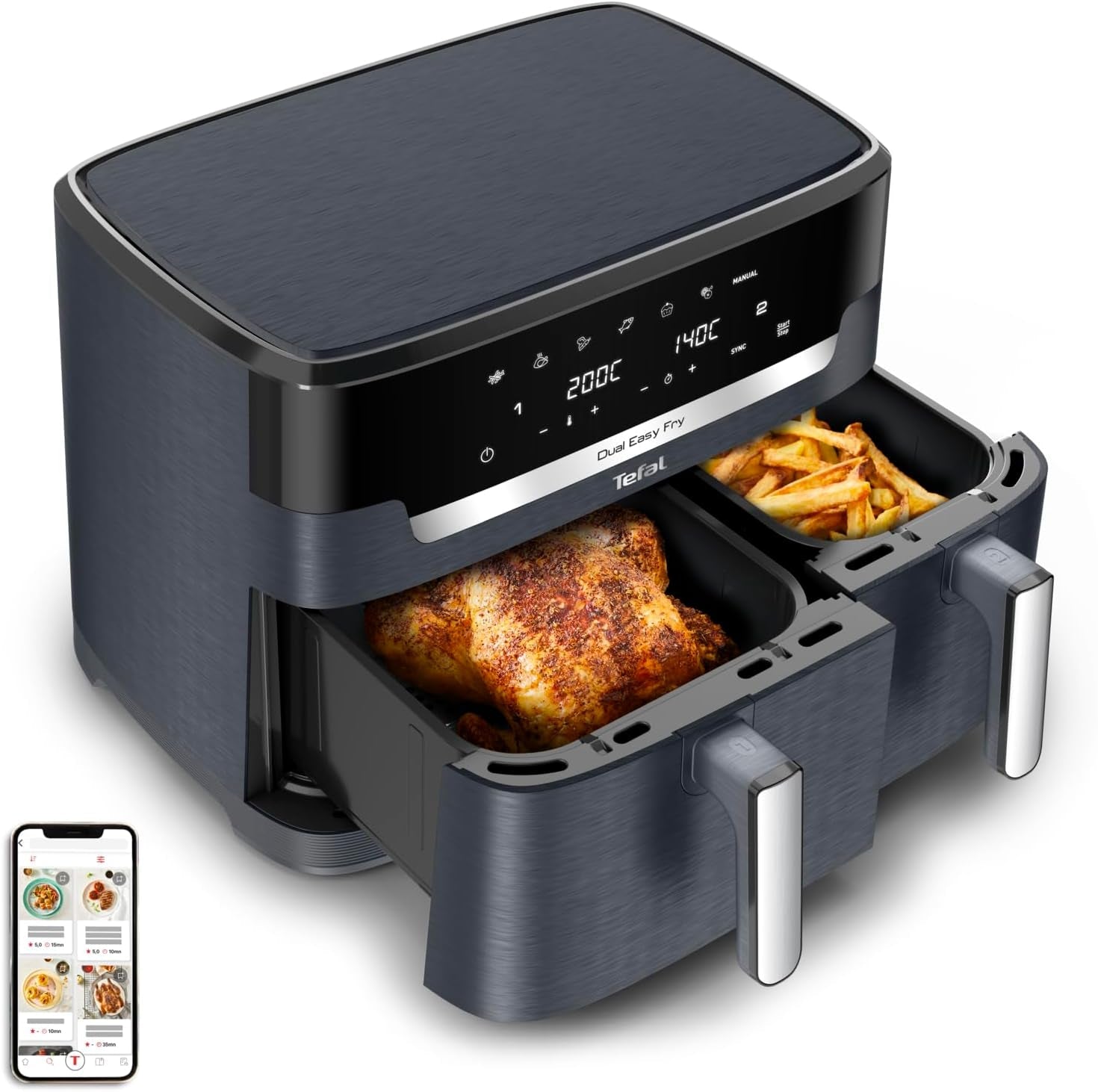 Tefal Dual Easy Fry Hot Air Fryer med to kamre, 5,2/3,1 liters kapacitet, to uafhængige skuffer, 7 programmer Hvidevarer Naty Shop Grey/Antracit
