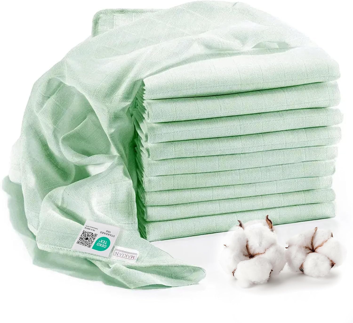 MAKIAN Muslin Squares, Pakke med 10, 80x80 cm, Oeko-TEX® Standard 100 Certified, 10 Premium Burp Cloths - Dobbeltvævede Stof Firkanter / Muslin Squares, Kog resistent - Hvid