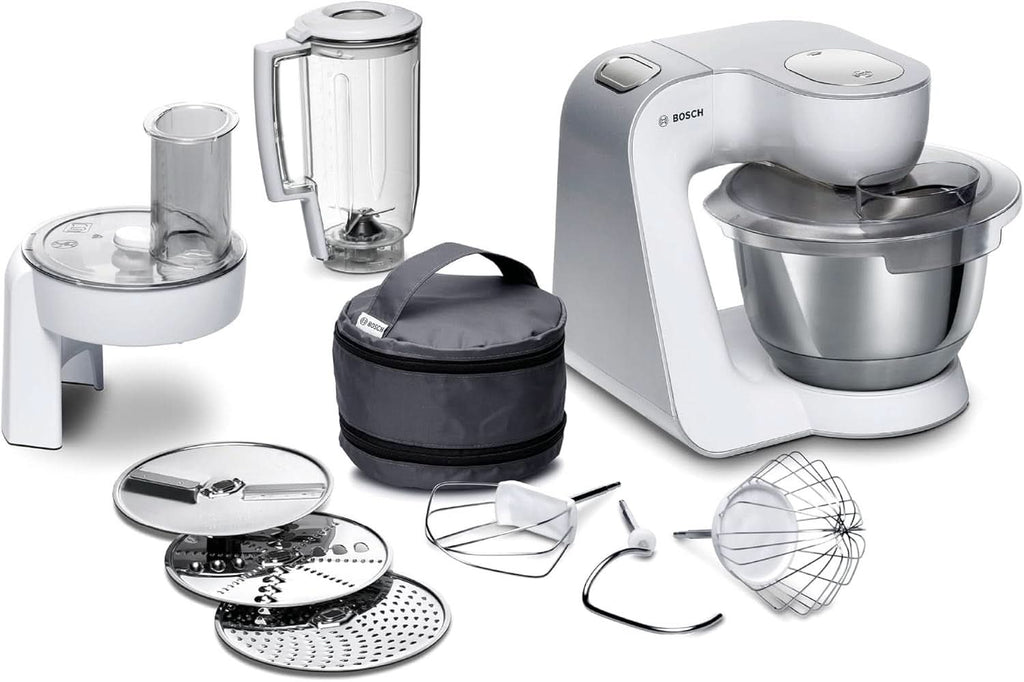 Bosch Küchenmaschine Serie 4 Mum58720,Edelstahl-Schüssel 3,9 L, Mixer 1,25 L, Planetenrührwerk,Knethaken,Schlag,Rührbesen, Durchlaufschnitzler, 3 Scheiben, 1000 W, Dunkelrot/Silber Mama si Copilul Naty Shop Weiß / Silber