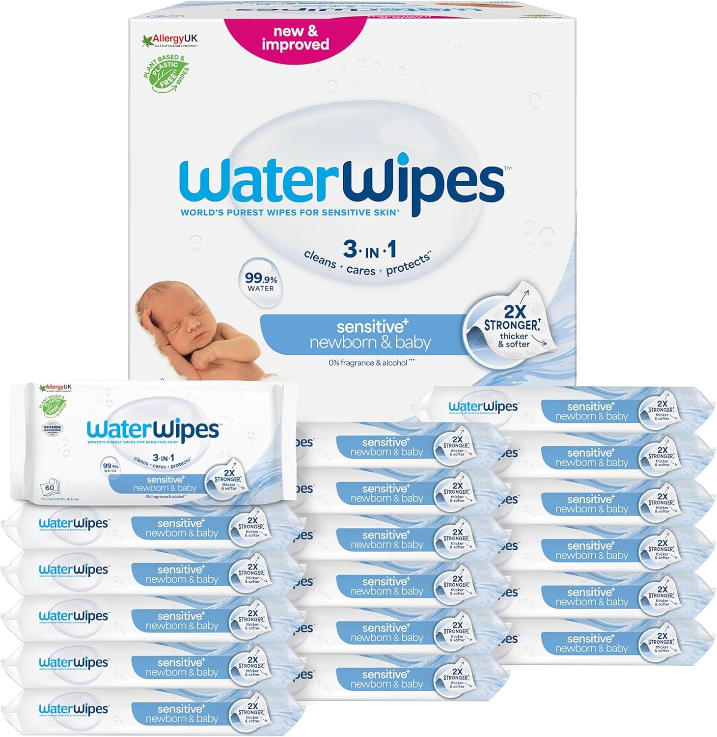 WaterWipes Sensitive+ vådservietter til nyfødte og babyer, 720 Count (12 Pack), 3-i-1 rengøring, pleje, beskyttelse, 99,9 % vand, parfumefri