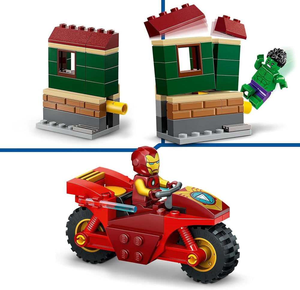 LEGO Marvel Iron Man med cykel og hulk, superheltebyggelegetøj til børn, samlingssæt med cykel og minifigurer, gave til piger og drenge 4 år 76287 Byggesæt Besuche den LEGO-Store