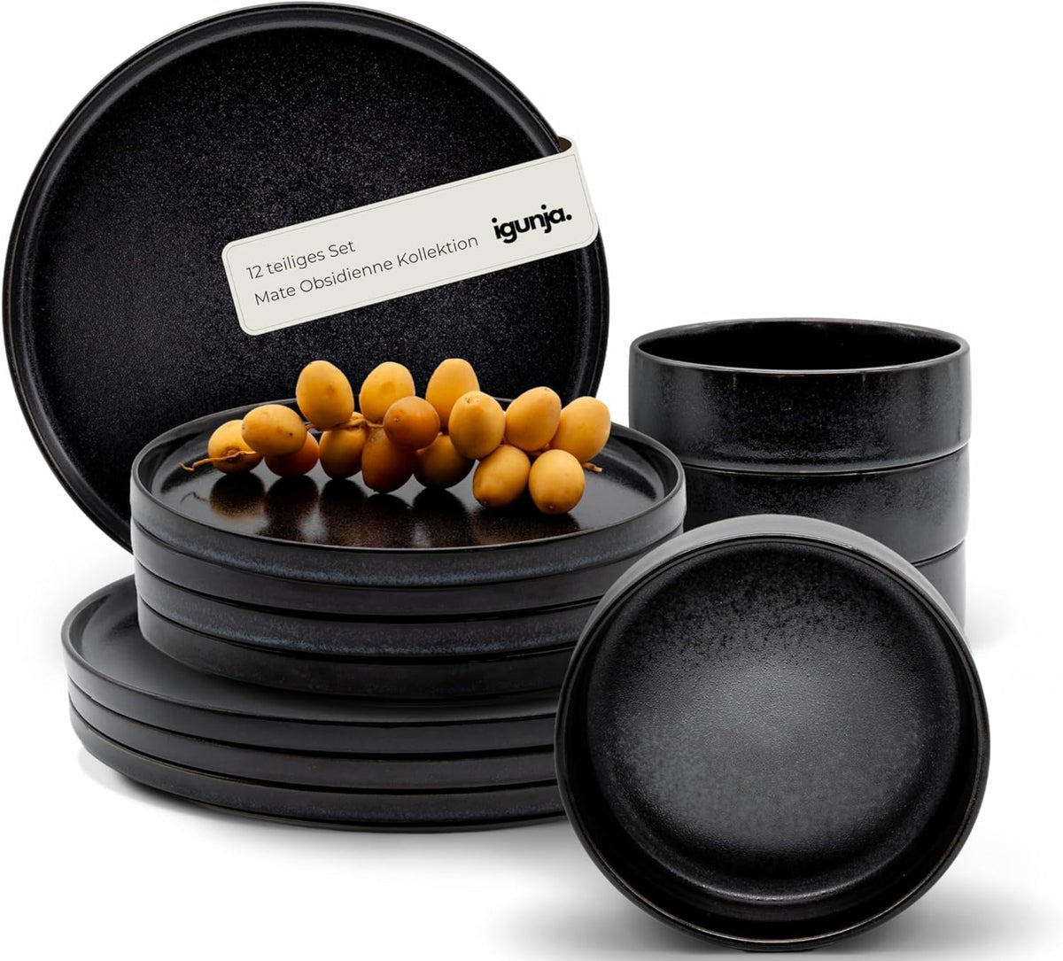 Set de veselă din gresie, set de bol și farfurii negre [12 piese pentru 4 persoane] Set de veselă neagră, 100% lucrat manual, cu glazură reactivă de calitate premium