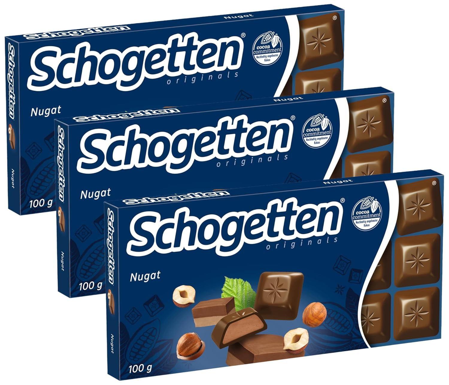 Schogetten Nougat chokoladebar 100g, portionsvis individuelt. En fryd. Stykke for stykke.
