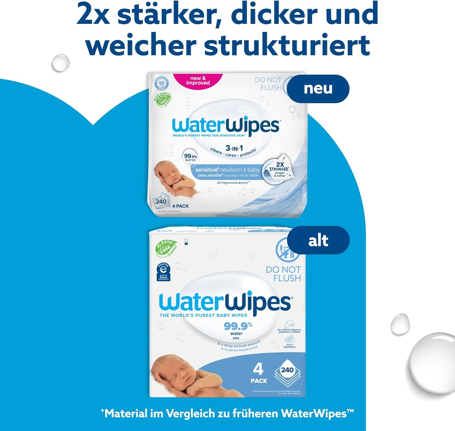 WaterWipes Sensitive+ vådservietter til nyfødte og babyer 240 Count (4 Pack) 3-i-1 rengøring, pleje, beskyttelse, 99,9 % vand, parfumefri