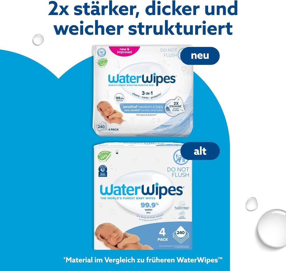 WaterWipes Sensitive+ vådservietter til nyfødte og babyer 240 Count (4 Pack) 3-i-1 rengøring, pleje, beskyttelse, 99,9 % vand, parfumefri