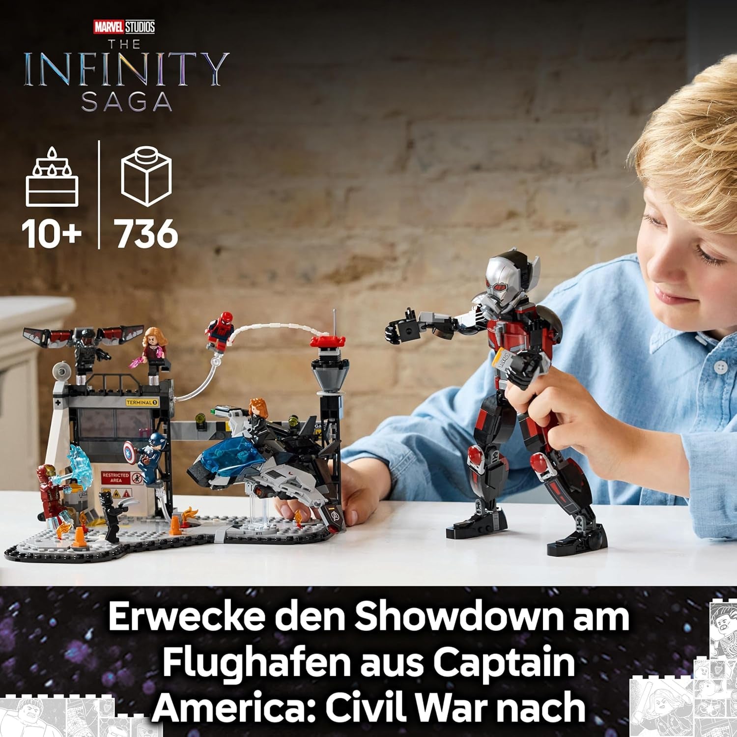 LEGO Marvel Captain America: Civil War Action Duel - Superhelte-legesæt med 8 minifigurer - Bygge- og legesæt til legetøjsfly - Gave til drenge og piger 76314 Byggesæt Besuche den LEGO-Store