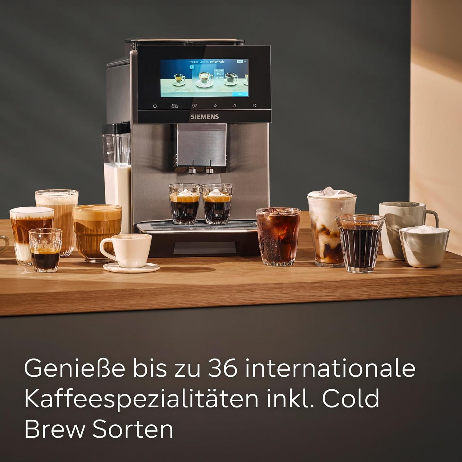 Espressor automat Siemens EQ900, ecran TFT color mare, 2 recipiente pentru boabe, 36 de băuturi calde și reci, cafea rece, super silențios, funcție pentru două cești, control prin aplicație, oțel inoxidabil, TQ907D03