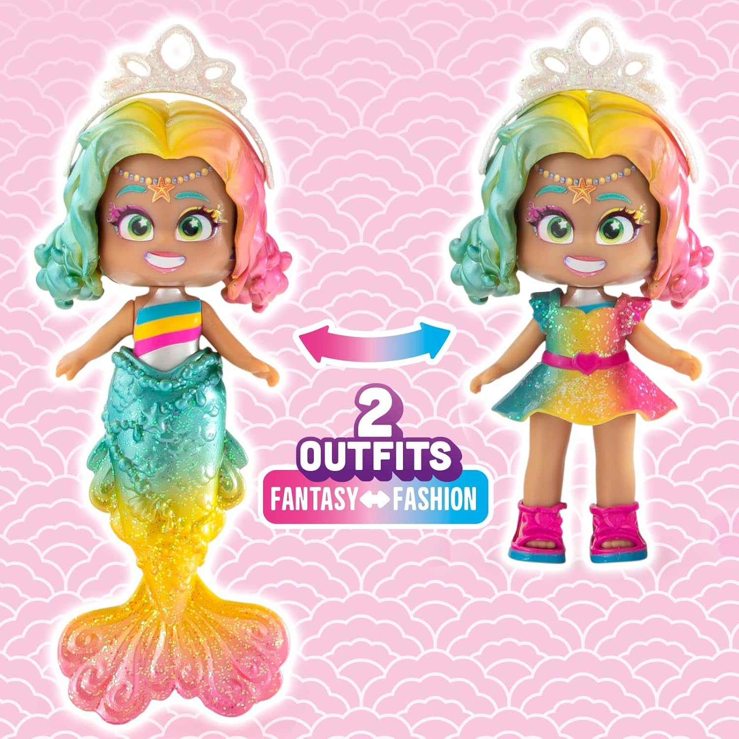Mermaids Coral Meerjungfrauen-Puppe med 1 Muscheltasche, 1 Meerjungfrauenschwanz, 1 Haustier, Kleidung, Accessories og Schuhe